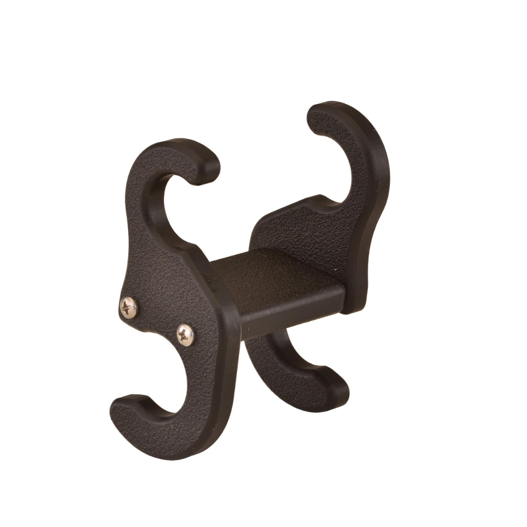 The NOVA Medical Cane Holder for Rollators and Folding Walkers is a black, double-sided plastic hook with textured surfaces and two visible screws, designed to securely hold canes or hang objects. Photographed on a white background.